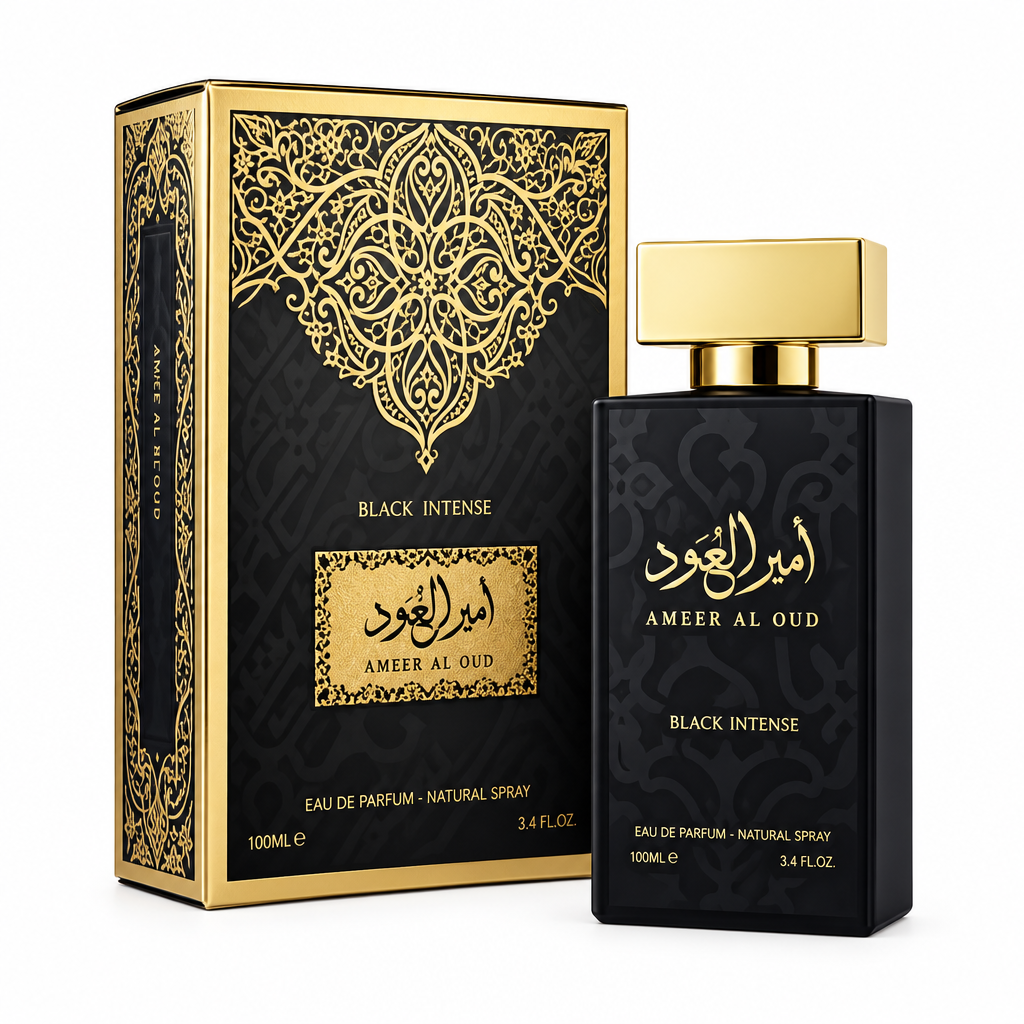 Amir Al Oud Black Intense black perfume bottle with gold cap and matching box