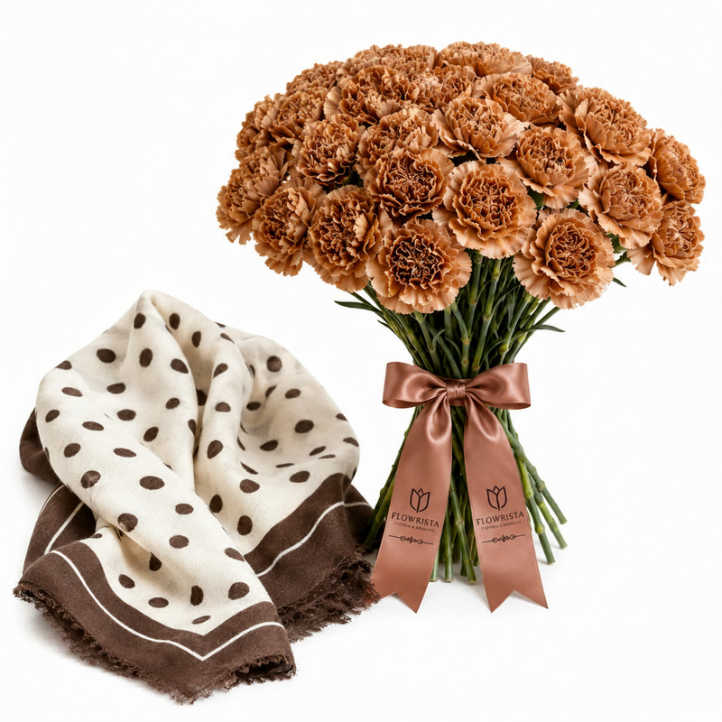 Mango chocolate spots scarf with Flowrista brown carnations bouquet luxury gift set