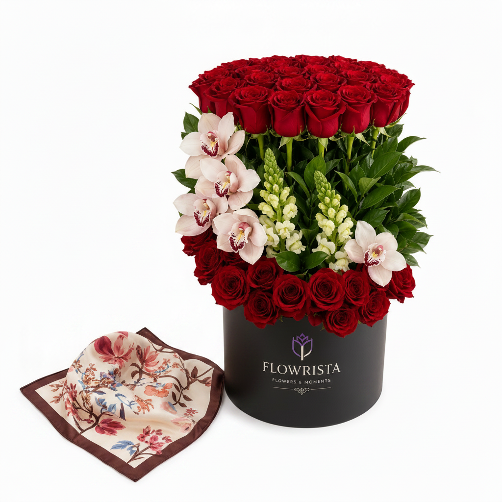 Mango floral print satin scarf with Flowrista red roses and orchids black hat box luxury gift set