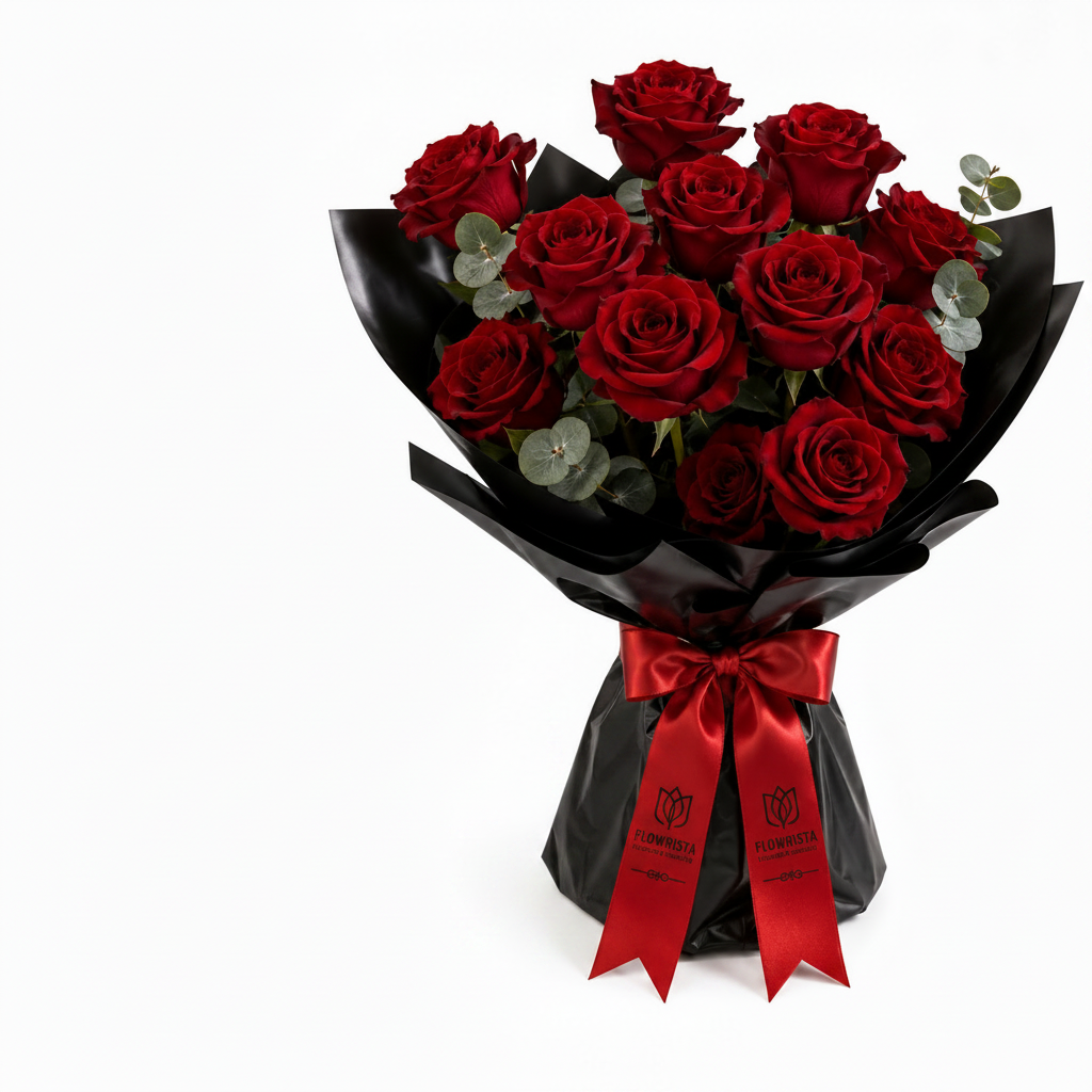 Flowrista red roses black bouquet with red satin ribbon on white background