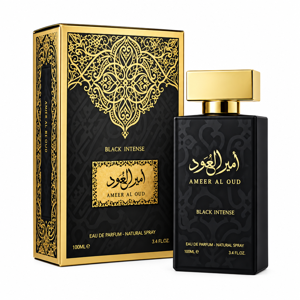 Ameer Al Oud Black Intense 100ml black perfume bottle with gold cap and matching black and gold box