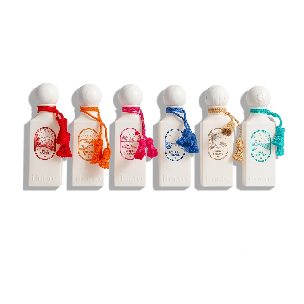 Mini Summer Collection six white miniature perfume bottles with colourful tassels and rounded caps