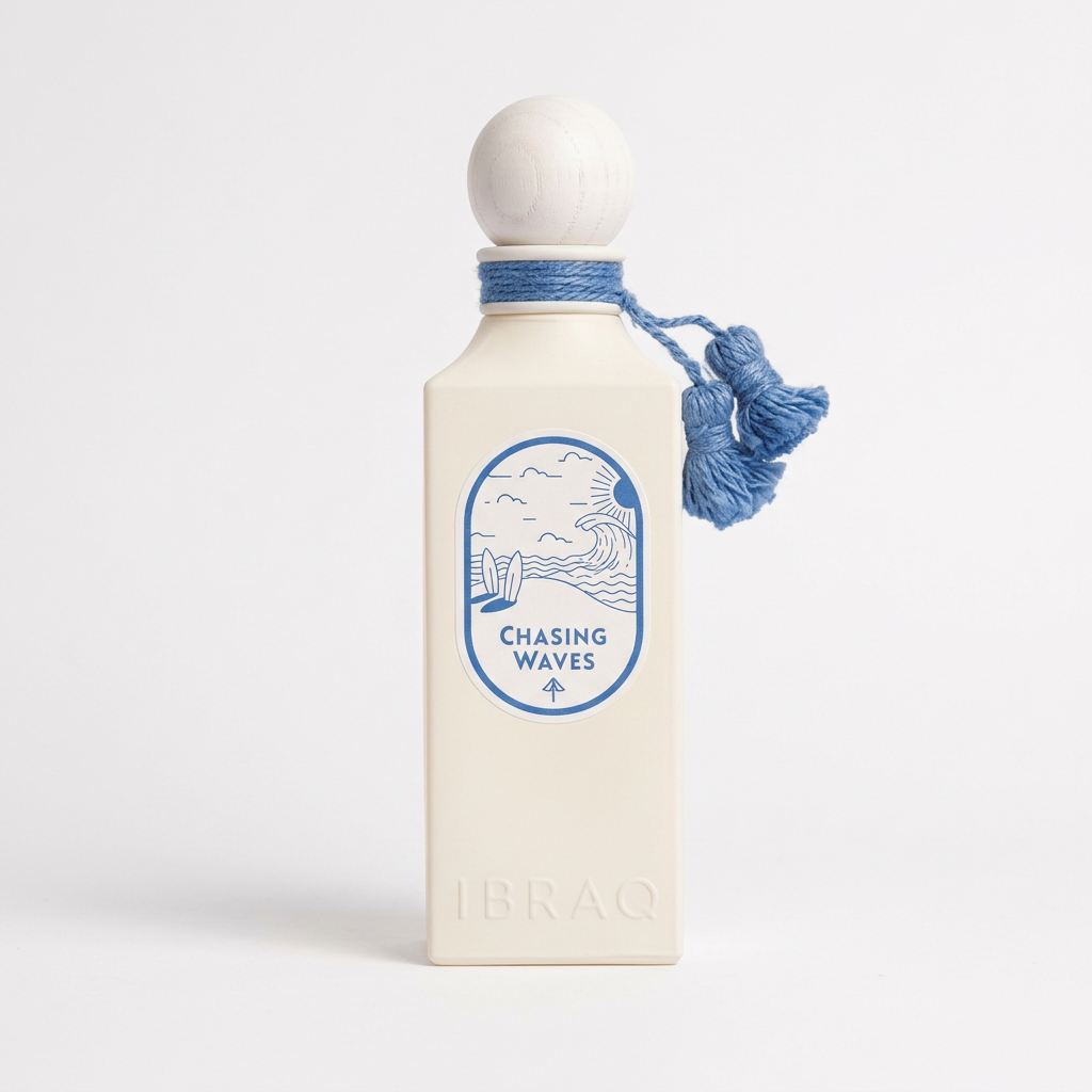 Chasing Waves cream perfume bottle with rounded white cap and blue neck ornament