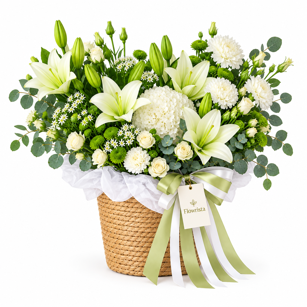 Flowrista white lilies, hydrangea, roses and chrysanthemums in a woven basket with green and white ribbons