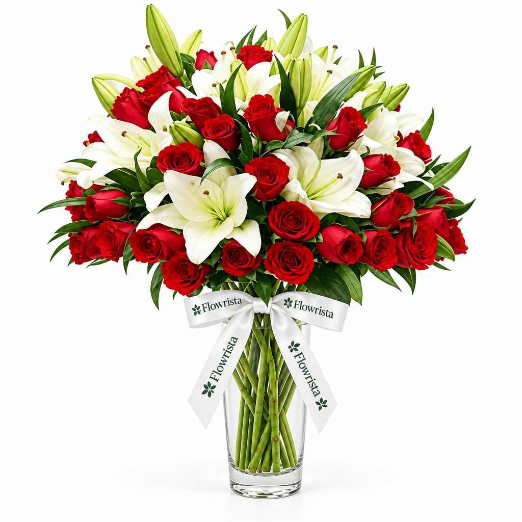 Flowrista red rose and white lily arrangement in a clear glass vase with white ribbons