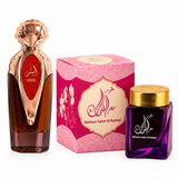 Asser rose gold perfume bottle with Bakhoor Saher Al Kalmat purple jar and matching incense box