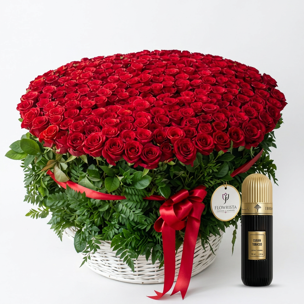 Cuban Tobacco 100 ml perfume beside a Flowrista basket of 1000 red roses with green foliage and red ribbon