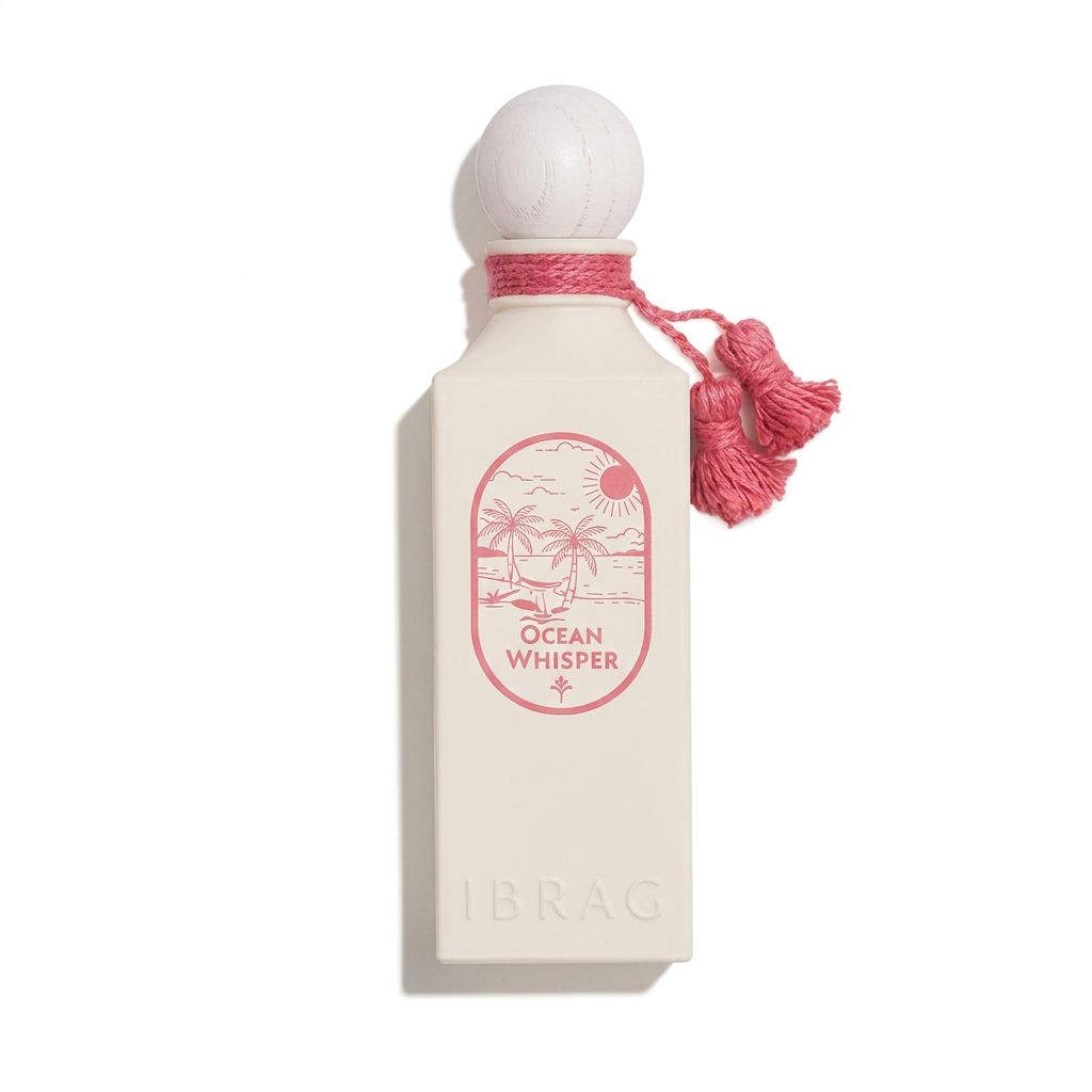 Ocean Whisper cream perfume bottle with rounded white cap and pink neck ornament