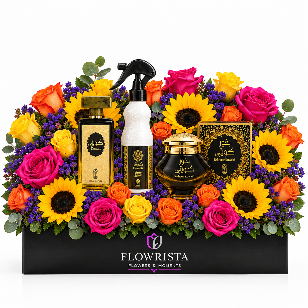 Kuwaiti perfume bakhoor and white air freshener with fresh sunflowers and colourful roses in a black Flowrista planter