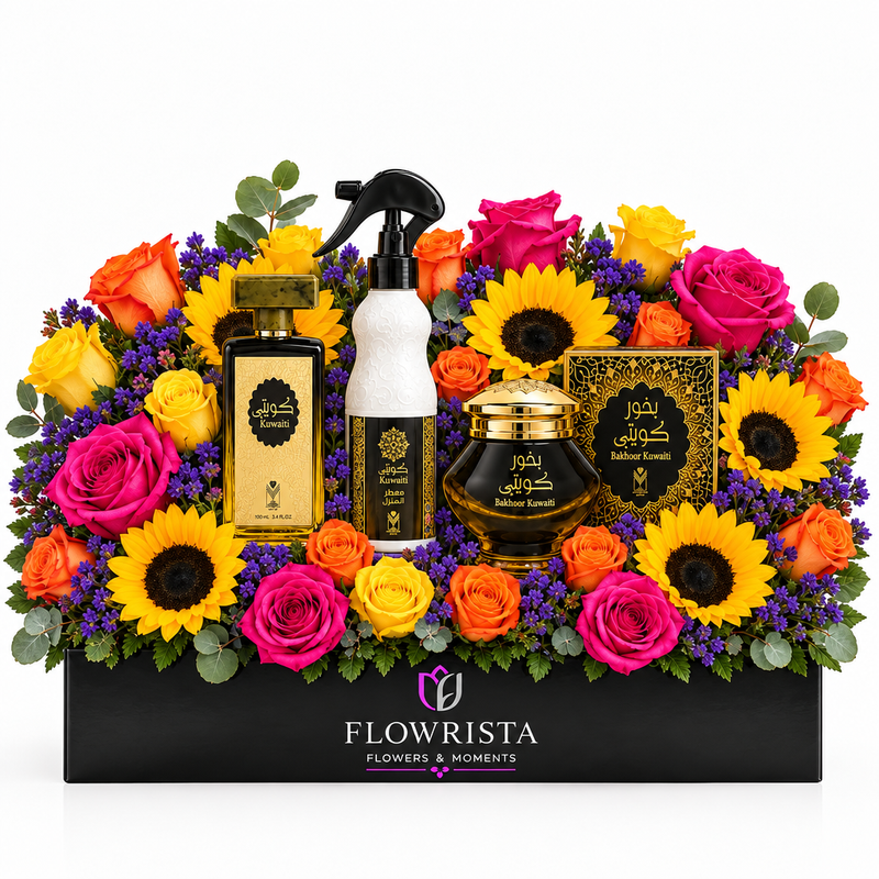 Kuwaiti perfume bakhoor and white air freshener with fresh sunflowers and colourful roses in a black Flowrista planter
