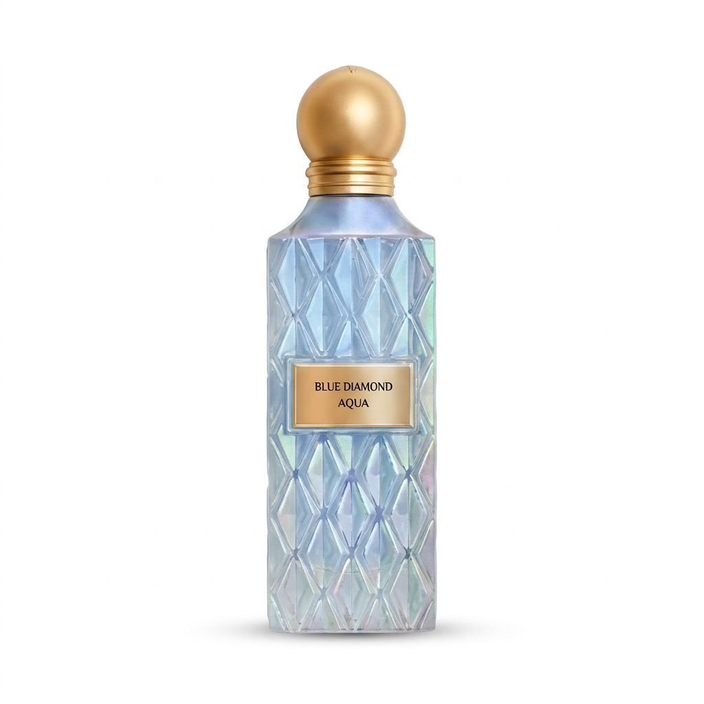 Blue Diamond Aqua 150 ml light blue faceted perfume bottle with gold-coloured spherical cap