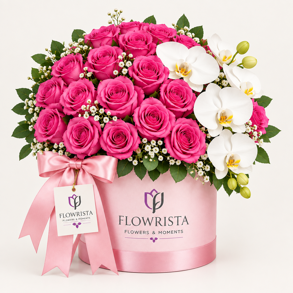 Flowrista pink rose and white orchid arrangement in a pink vase