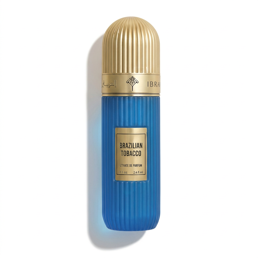 Brazilian Tobacco 100 ml blue ribbed perfume bottle with gold domed cap and gold label