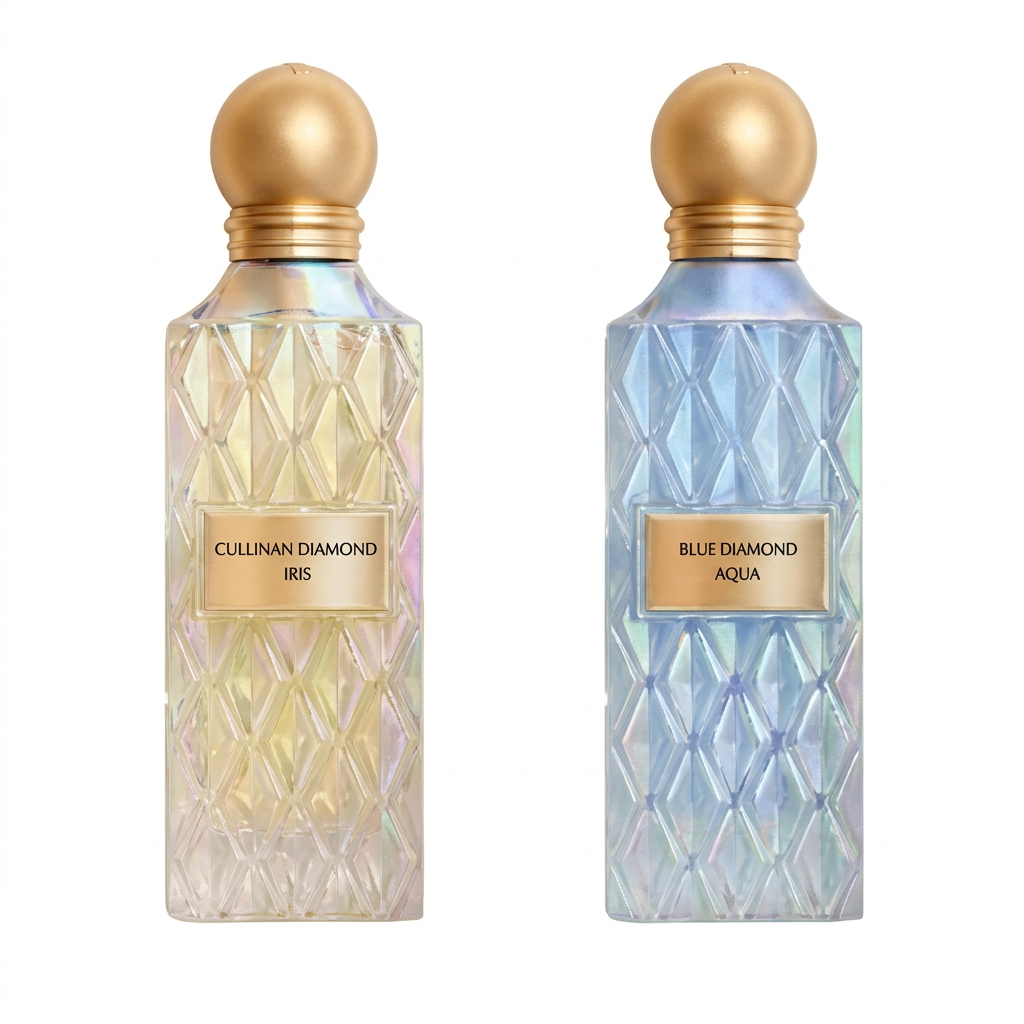 Cullinan Diamond Iris 150 ml and Blue Diamond Aqua 150 ml faceted perfume bottles with gold spherical caps