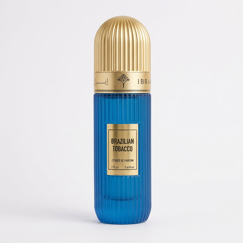 Brazilian Tobacco 100 ml blue ribbed perfume bottle with gold label and rounded gold cap