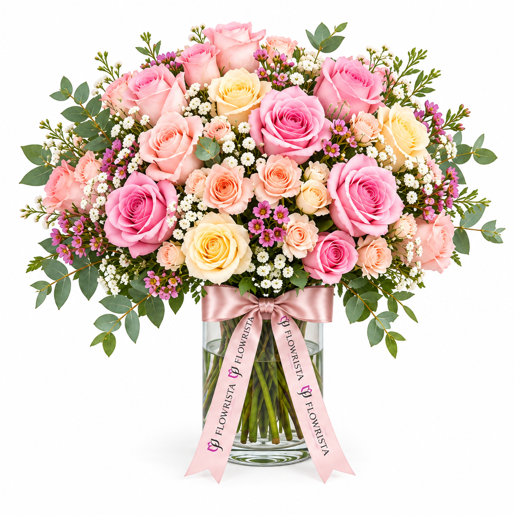 Flowrista glass vase with pink and cream roses, white filler flowers and pale pink ribbon