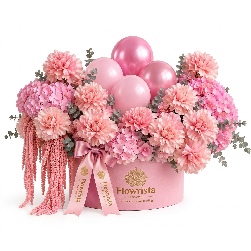 Flowrista pink round flower box with hydrangeas pink blooms satin bow and four pink balloons