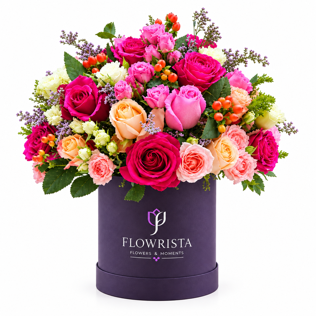 Magenta pink peach and cream roses with orange berries in a purple Flowrista round box