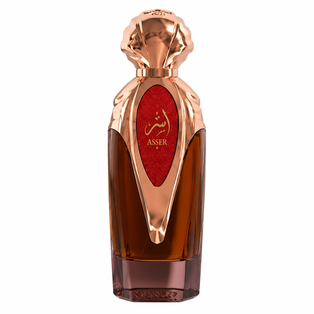 Asser perfume bottle with rose gold cap and red label on a white background