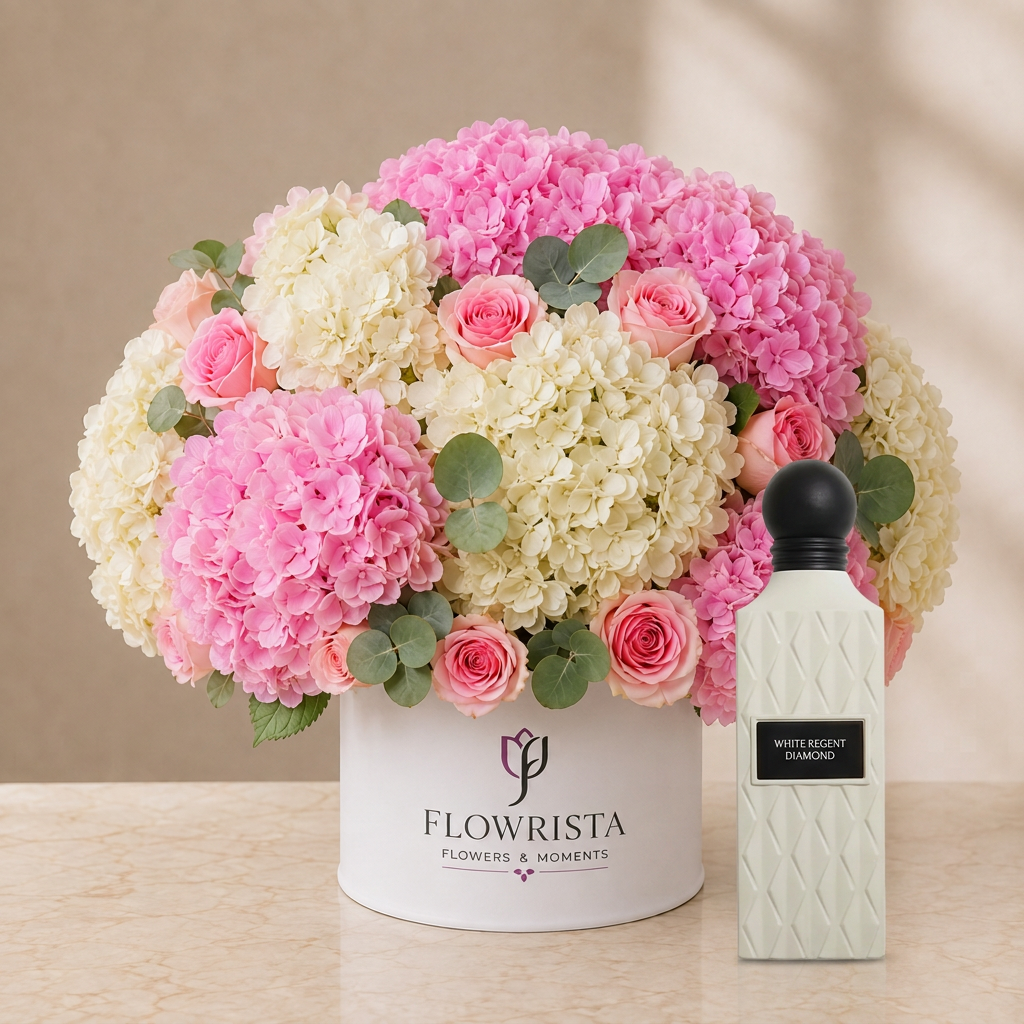 White Regent Diamond 150 ml perfume beside a Flowrista pink and ivory hydrangea and pink rose hatbox gift