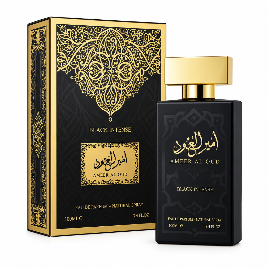 Amir Al Oud Black Intense black perfume bottle with gold cap and black-and-gold presentation box