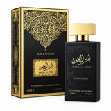 Amir Al Oud Black Intense black perfume bottle with gold cap and black-and-gold presentation box