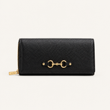 ALDO Olira black textured wallet with gold-tone linked-ring accent on a light background