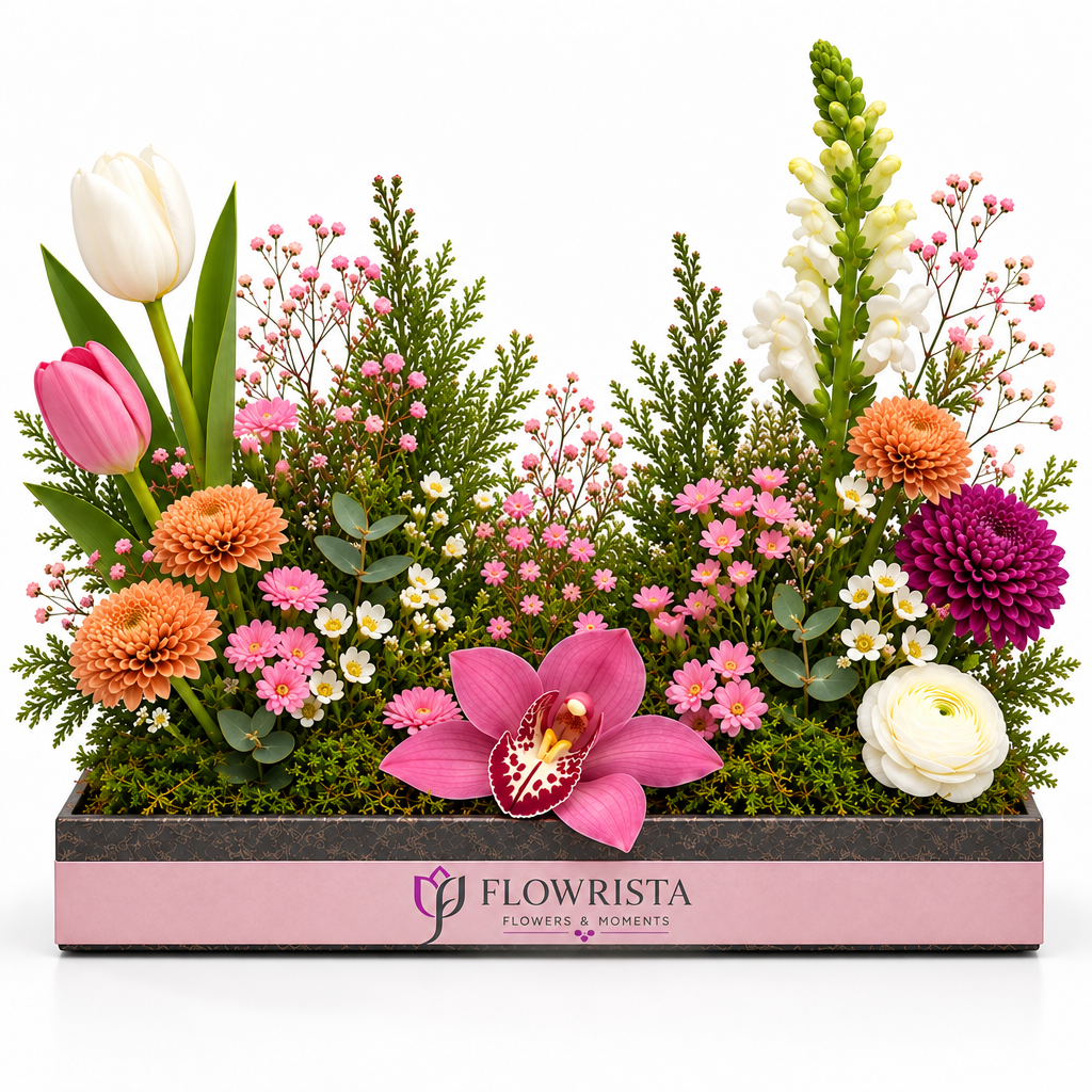 Artificial tulips, pink orchid and colorful mixed flowers in a rectangular Flowrista planter