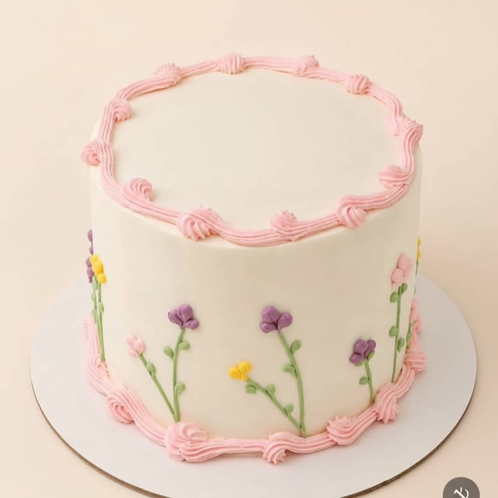 One-kilo Sugar Sweet ivory birthday cake with pink piping and pastel flower decorations