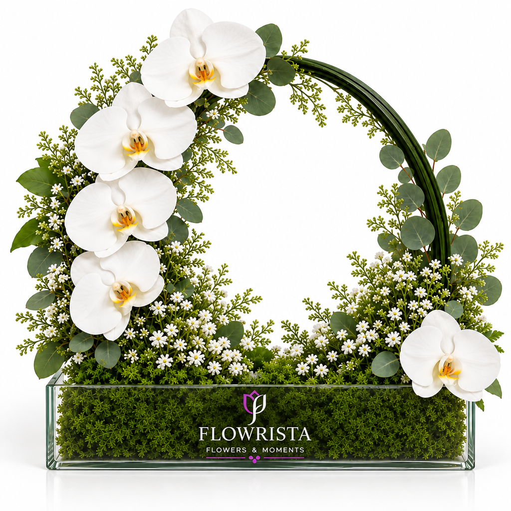 White phalaenopsis orchid wreath arrangement with baby's breath and eucalyptus in a Flowrista glass planter