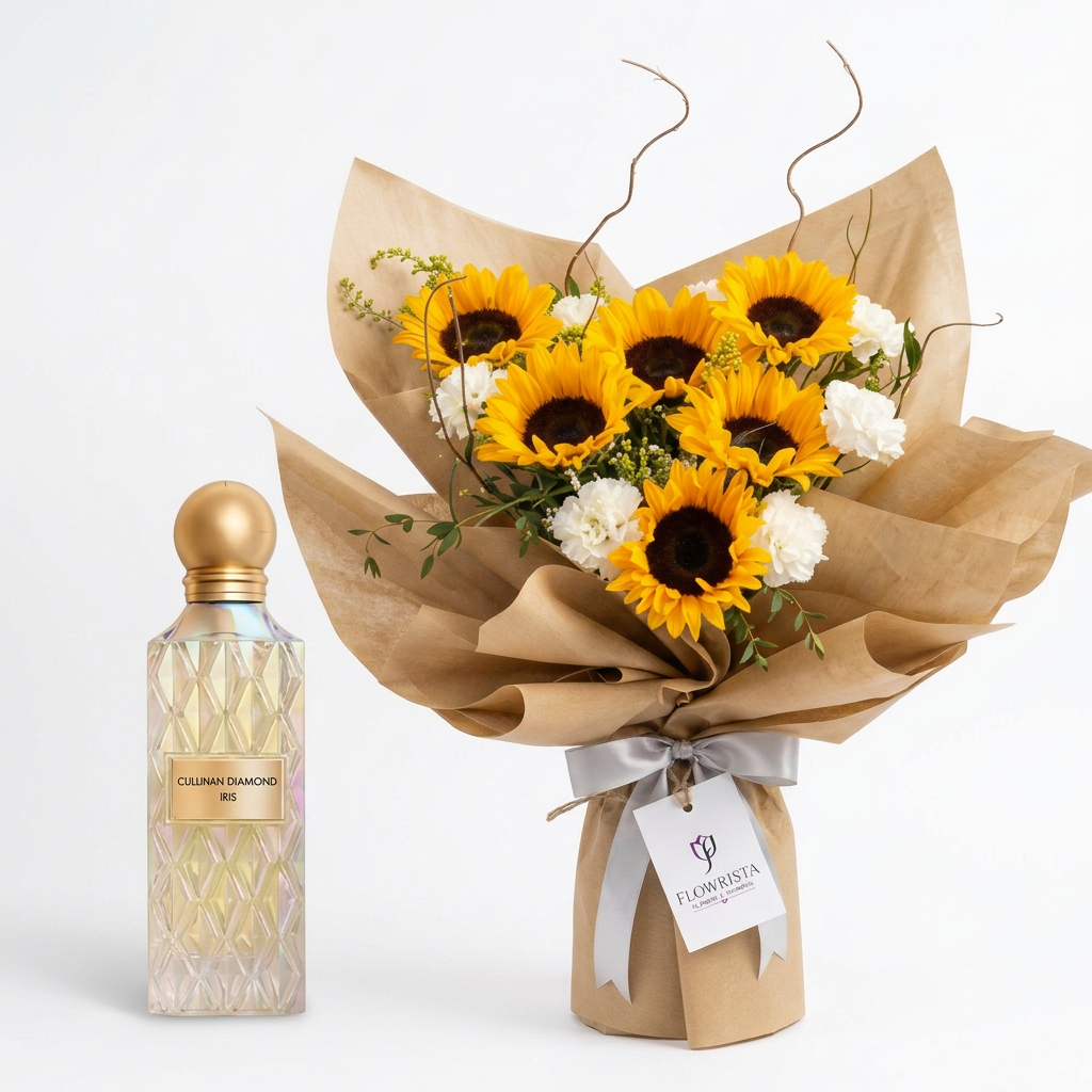 Cullinan Diamond Iris perfume beside sunflowers and white carnations with silver ribbon and Flowrista tag