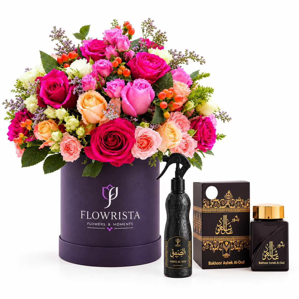Ashiq Al Oud air freshener and bakhoor beside mixed roses in a purple Flowrista flower box