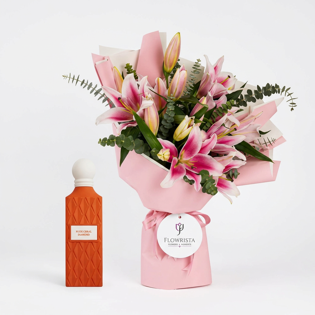 Nude Coral Diamond 150 ml perfume beside pink lilies and eucalyptus with a Flowrista Flowers & Moments gift tag