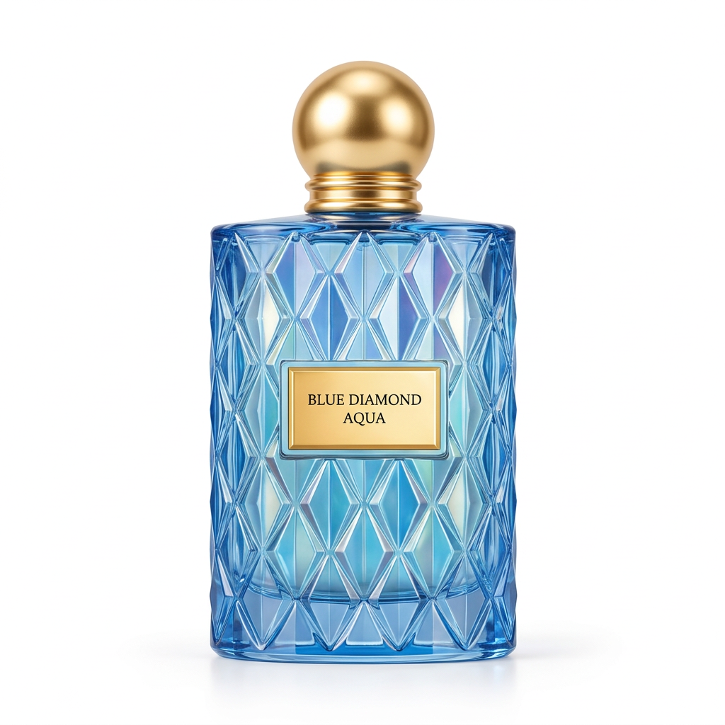 Blue Diamond Aqua blue faceted perfume bottle with gold-coloured round cap