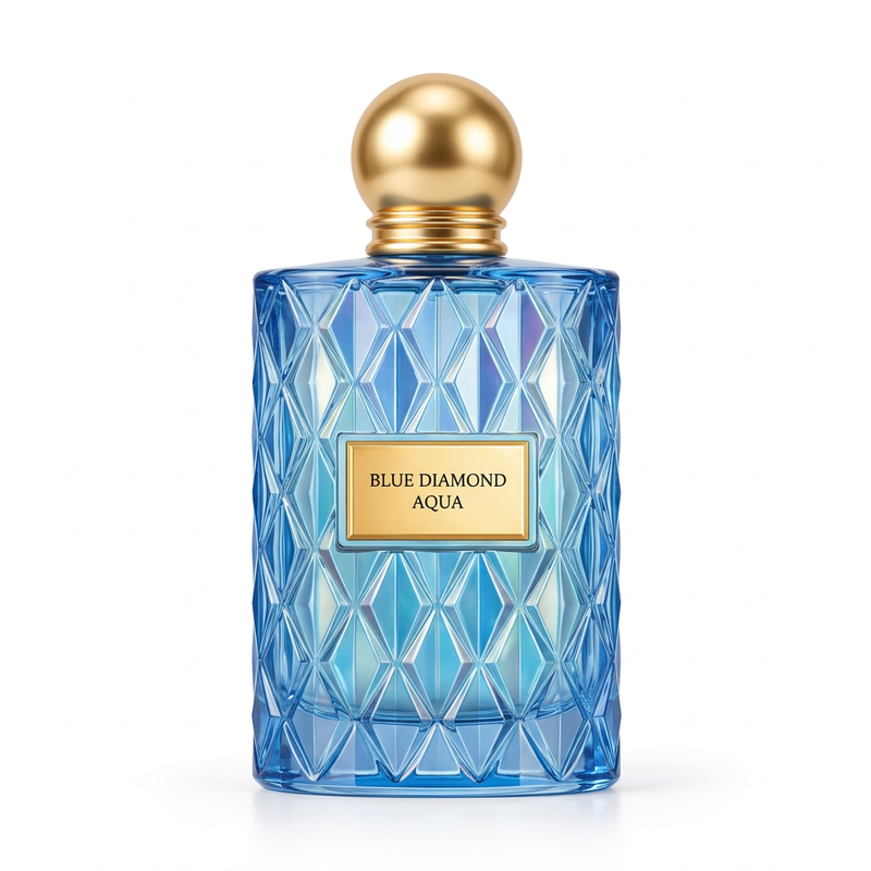Blue Diamond Aqua blue faceted perfume bottle with gold-coloured round cap