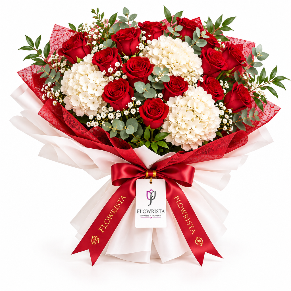 Red roses and white hydrangeas in Flowrista red and white wrap with red bow