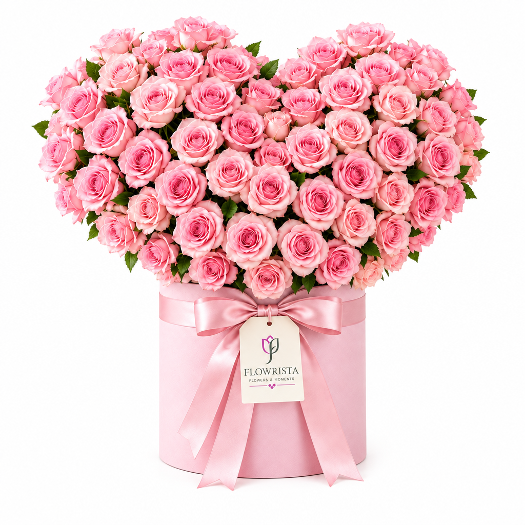 Flowrista heart-shaped pink rose arrangement in a pink box with satin bow and branded tag