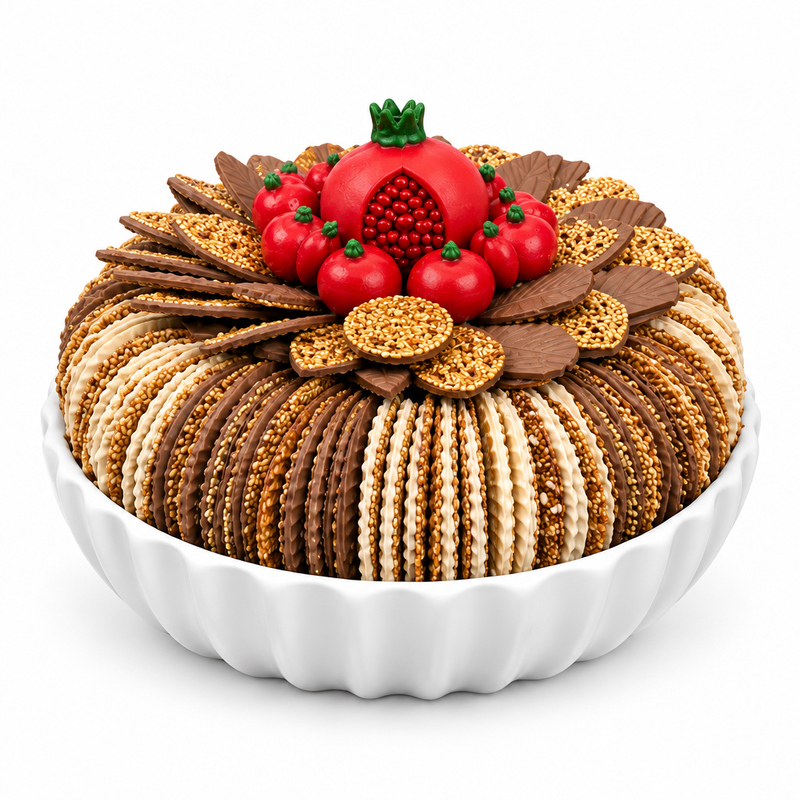 Round caramelized sesame tray with red decoration on a white crystal-style plate