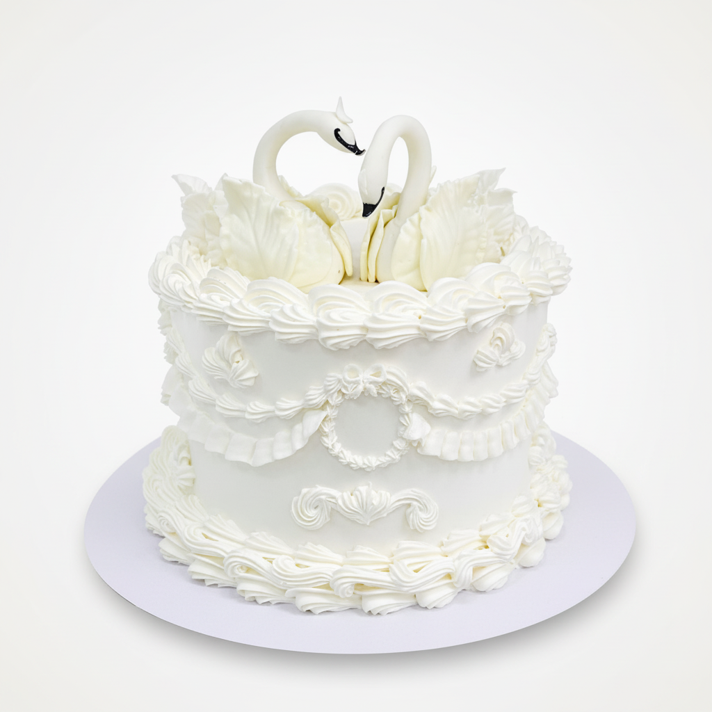 One-kilo Sugar Sweet ornate white celebration cake with two sculpted swans