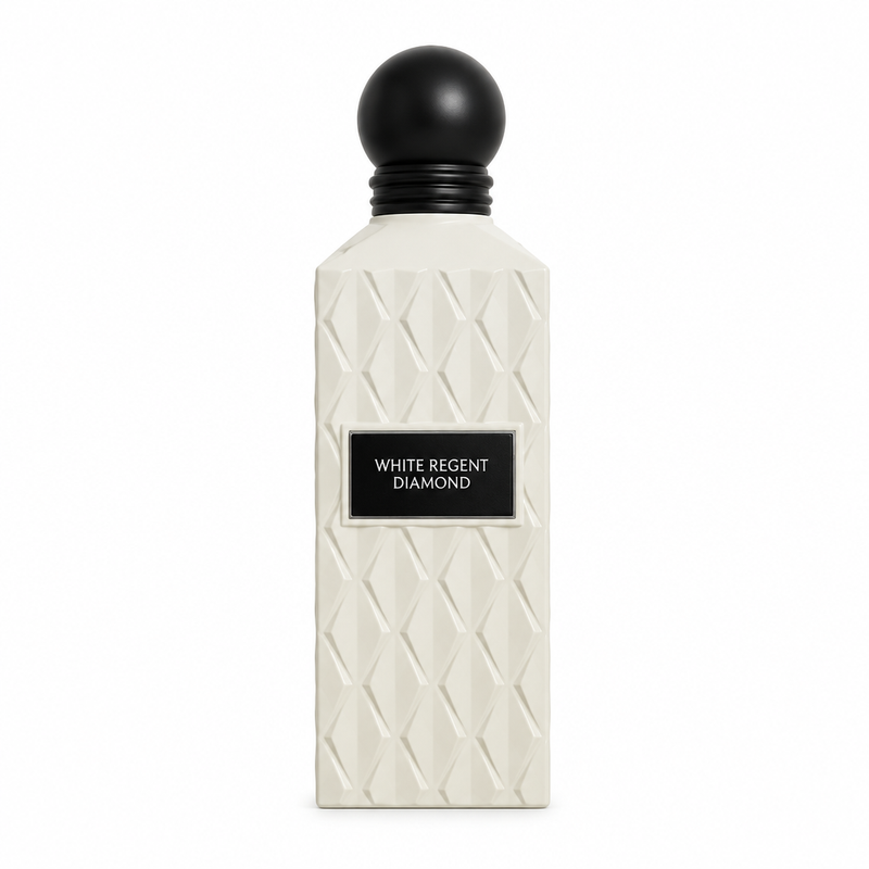 White Regent Diamond 150 ml ivory textured perfume bottle with round black cap