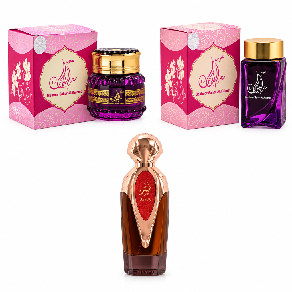 Asser perfume with Mamoul Saher Al.Kalmat and Bakhoor Saher Alkalmet purple jars and pink boxes