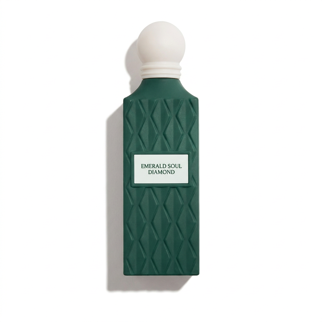 Emerald Soul Diamond emerald green geometric perfume bottle with white label and rounded white cap