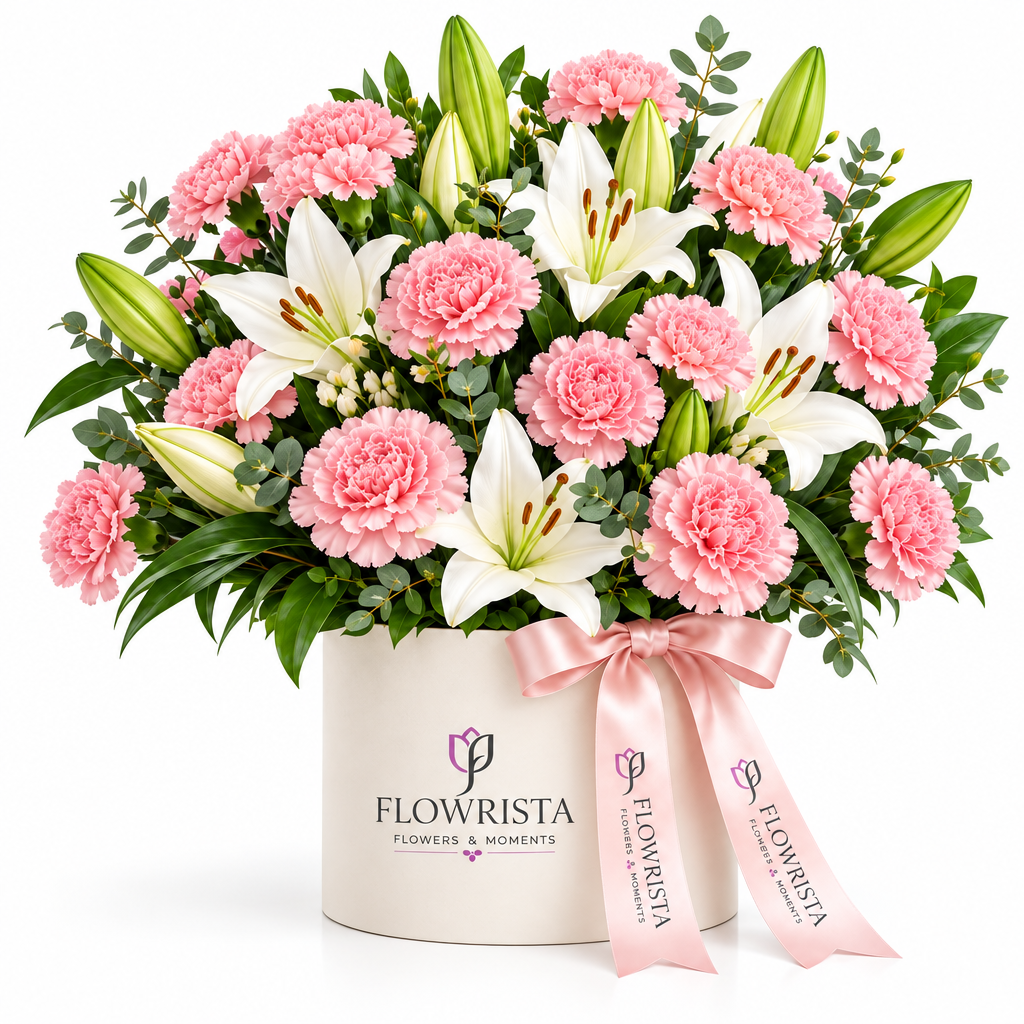 Pink carnations and white lilies in a cream Flowrista box with pink ribbon