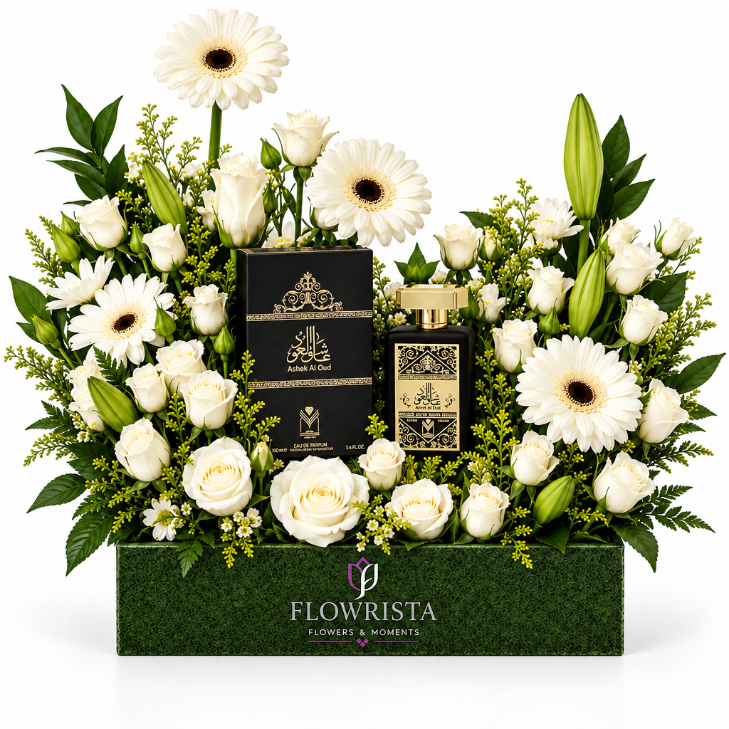 Ashek Al Oud by Almas 100ml perfume with artificial white flowers in a green Flowrista gift box