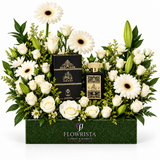 Ashek Al Oud by Almas 100ml perfume with artificial white flowers in a green Flowrista gift box