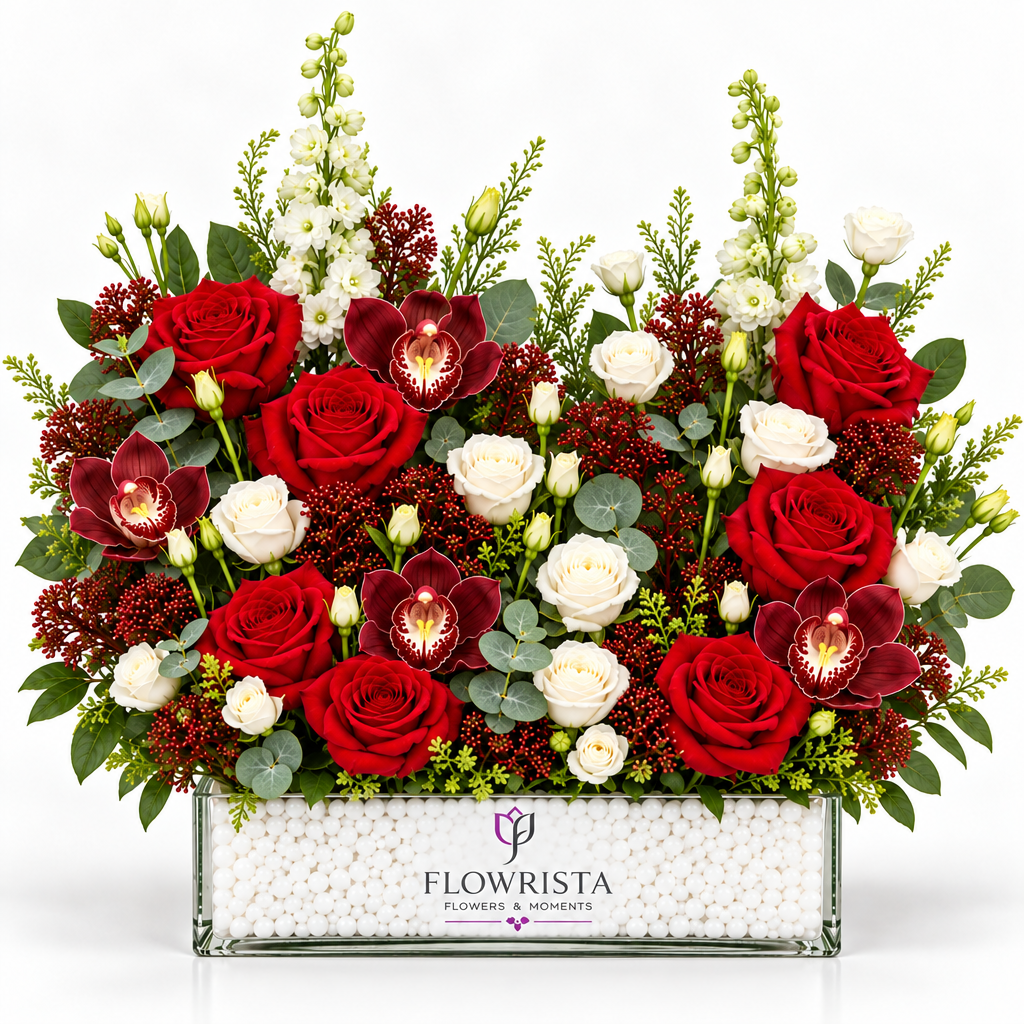 Fresh red and white roses with burgundy orchids and eucalyptus in a rectangular Flowrista flower box