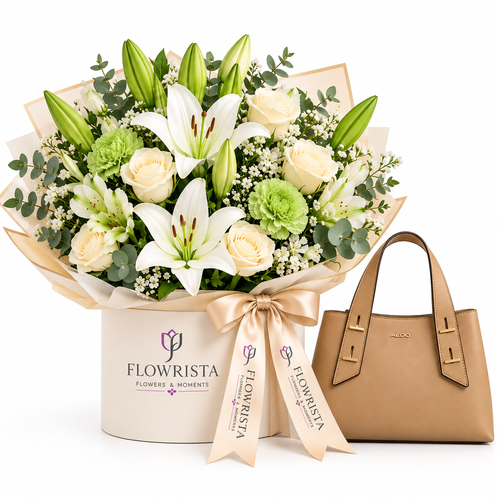 Flowrista white lily and rose box with ALDO Zerina camel satchel gift set