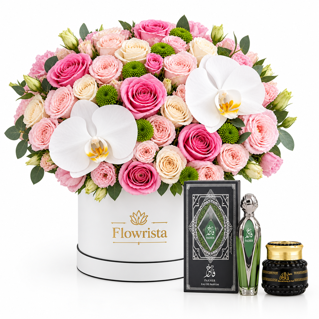 Fakher perfume and Mamoul Ashiq Al.Oud beside Flowrista pink roses and white orchids in a white flower box
