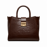 Dark brown croc-embossed Crealily women's satchel bag with gold push-lock