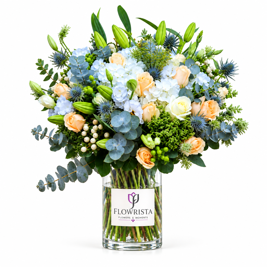 Blue hydrangeas peach cream roses lily buds and eucalyptus in a clear Flowrista glass vase